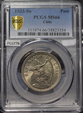 Chile 1933 Peso Andean Condor animal PCGS MS66 rare this grade PC0778 combine sh