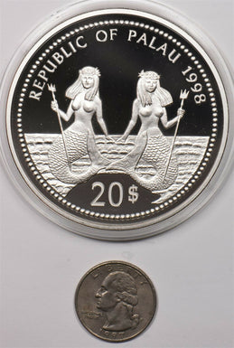 Palau 1998 20 Dollars Dolphin animal Proof 5oz silver Marine life protection