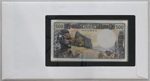 New Caledonia 1985 500 Francs note Bank of all nations. 41 Francs stamp canc. RC
