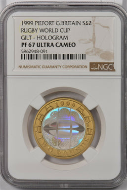 Great Britain 1999 2 Pound silver NGC Proof 67UC Piefort Rugby World Cup Gilt Ho