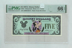 Disney Dollar 1987 A $5 PMG Gem UNC 66EPQ DIS4. Goofy. Mark Twain Riverboat PM0