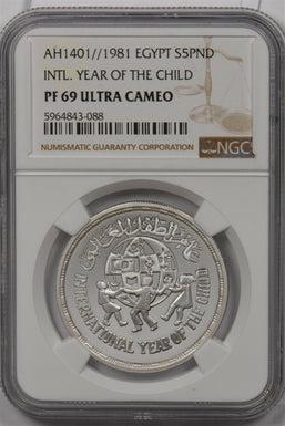 Egypt 1981 AH 1401 5 Pounds silver NGC PF 69UC International Year of the Child N