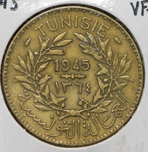 Tunisia 1945 AH 1364 2 Francs  191315 combine shipping