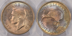 New Zealand 1951 Florin Kiwi Bird animal PCGS MS 64 Blue, Gold + Pink Color Toni