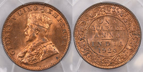 India British 1924 B 1/4 Anna PCGS MS 65 RED SW-8.354, 4 Graded MS65 RD by PCGS