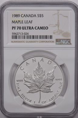 Canada 1989 5 Dollar Silver NGC Proof 70 Ultra Cameo Maple Leaf NG1685 combine s