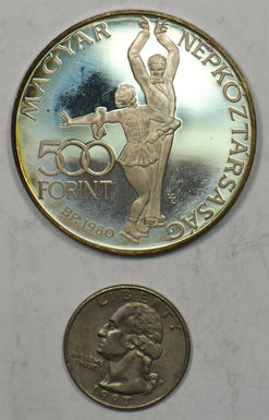 Hungary 1980 500 Forint Gem Proof Silver. Lake Placid olympics winter ice skater