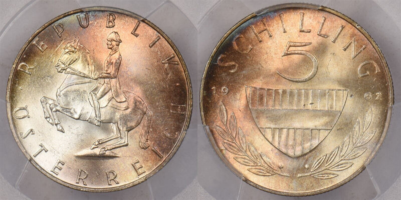 Austria 1962 5 Schilling Horse animal PCGS MS 65 Color Toning PI0140 combine shi
