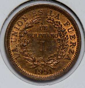 Bolivia 1951 H Boliviano  red UNC llama B0058 combine shipping