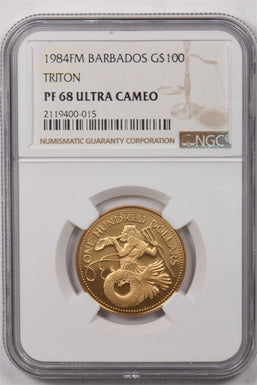 Barbados 1984 FM 100 Dollars gold NGC Proof 68 Ultra Cameo 0.0998oz gold. Triton