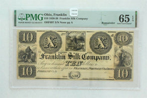 Ohio, Franklin 1836 ~38 $10 PMG Gem UNC 65EPQ Franklin Silk Company. OHF697 PM02