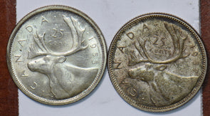 Canada 1937 ~1955 25 Cents 2 Coins Caribou animal 490096 combine shipping