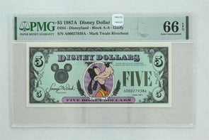 Disney Dollar 1987 A $5 PMG Gem UNC 66EPQ DIS4. Goofy. Mark Twain Riverboat PM0