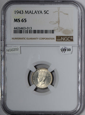 NG0202 Malaya and British Borneo 1943  5 Cents NGC MS 65 rare in this grade comb