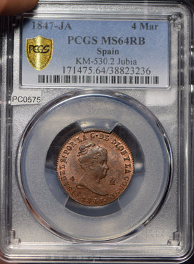 Spain 1847 4 Maravedis Lion animal PCGS MS64RB KM-530.2 Jubia rare this grade PC