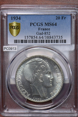 France 1934 20 Francs PCGS MS64 Grad-852 PC0913 combine shipping