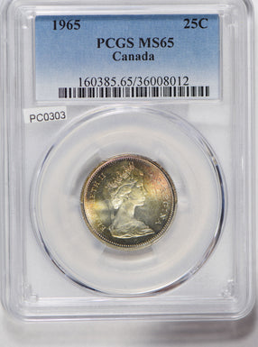 Canada 1965 25 Cents silver PCGS MS65 stunning blue golden toning PC0303 combine