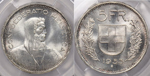 Switzerland 1953 B 5 Francs PCGS MS 64+ PI0012 combine shipping