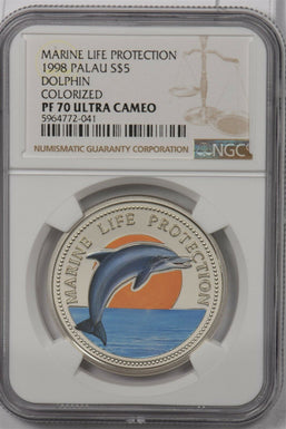 Palau 1998 5 Dollars silver NGC Proof 70UC Marine Life Protection Dolphin Colori