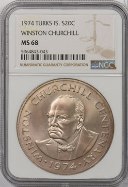 Turks and Caicos Islands 1974 20 Crowns silver NGC MS68 Winston churchill NG1309