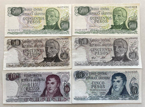 Argentina 1972 ~77 4 Denoms, 2-500 Pesos, 2-50 Pesos, 1-10 Pesos, 1-5 Pesos 6 pc