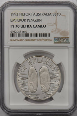 Australia 1992 10 Dollar silver NGC Proof 70UC Piefort Emperor Penguin Perfect 7