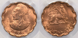 Ethiopia 1943~44 EE 1936 25 Cents Lion animal PCGS MS 63RB rare condition KM-35