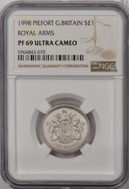 Great Britain 1998 Pound silver NGC PF69UC Royal arms. Piefort NG1302 combine sh