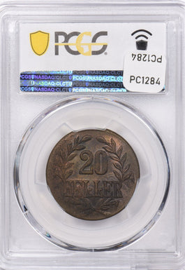 German East Africa 1916 T 20 Heller PCGS MS 62 Brass A/C, Large Crown, Curled Ti