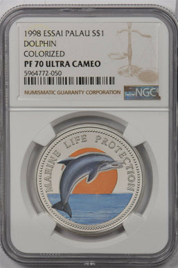 Palau 1998 Dollar silver NGC Proof 70UC Essai Dolphin Colorized Perfect 70 NG142
