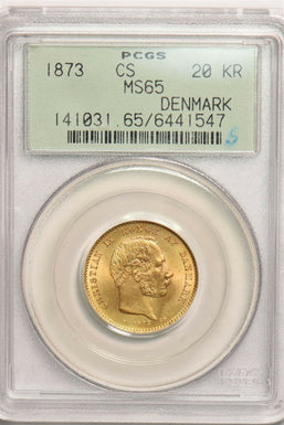 Denmark 1873 20 Kroner gold PCGS MS65 Mermaid agw 0.2593oz rare grade PC1173 com