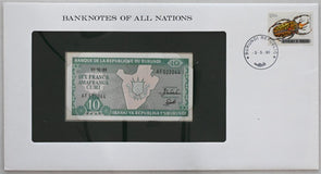 Burundi 1990 10 Francs note (1989) Bank of all nations. 1,5 Franc stamp canc. RC