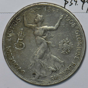 Austria 1908 5 Corona 60th year of reign 490784 combine shipping