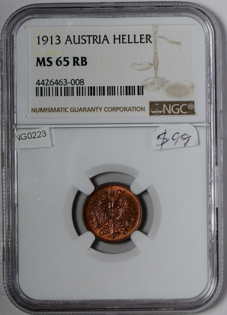NG0223 Austria 1913 Heller NGC MS 65RB combine shipping