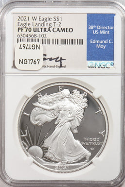 2021-W Silver Eagle EDMUND MOY HAND SIGNED LABEL T2 NGC PF70 ULTRA CAMEO NG1767
