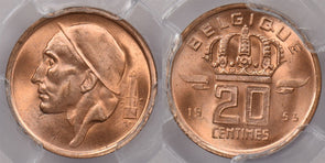 Belgium 1953 20 Cenimes PCGS MS 66 RED KM-146 PI0035 combine shipping
