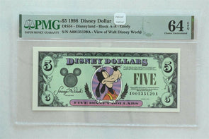 Disney Dollar 1998 $5 PMG Choice UNC 64EPQ DIS54. Goofy. View of Walt Disney W