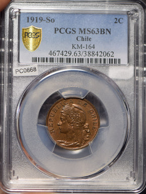 Chile 1919 2 Centavos PCGS MS63BN KM-164 PC0668 combine shipping