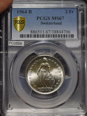 Switzerland 1964 2 Francs PCGS MS67 blasting luster rare grade PC0559 combine sh