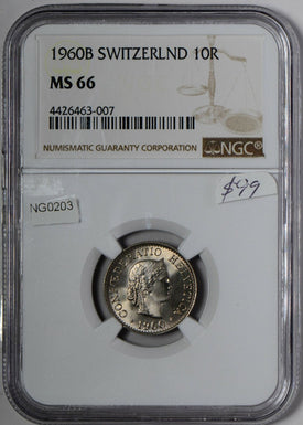 NG0203 Switzerland 1960 B 10 Rappen NGC MS 66 rare in this grade haze on plastic