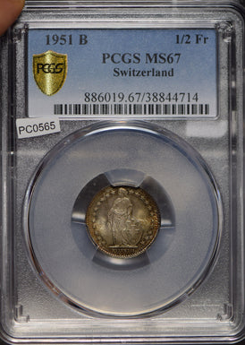 Switzerland 1951 1/2 Franc PCGS MS67 blasting luster rare grade PC0565 combine s