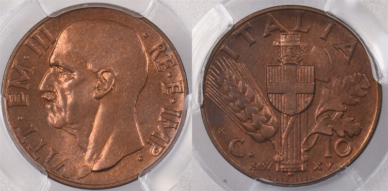 Italy 1937 R 10 Centesimi PCGS MS 65 RED BROWN KM-74 PI0158 combine shipping