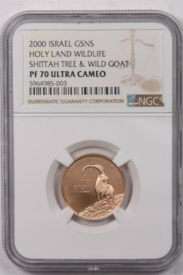 Israel 2000 5 New Sheqalim gold Wild goat animal NGC Proof 70 Ultra Cameo 0.25oz