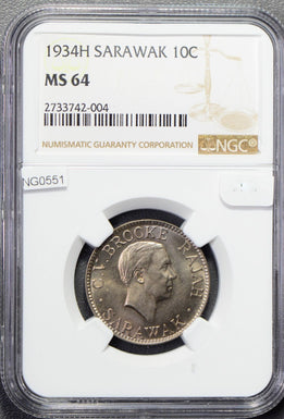 Sarawak 1934 H 10 Cents NGC MS64 blasting luster NG0551 combine shipping