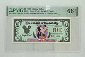 Disney Dollar 1991 $5 PMG Gem UNC 66EPQ DIS25. Goofy. View of Walt Disney Worl