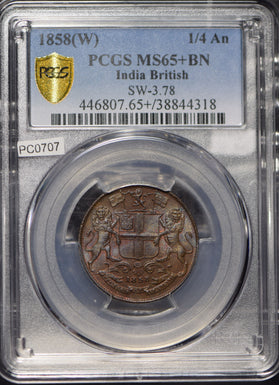 British India 1858 1/4 Anna Lion animal PCGS MS65+BN rare this grade SW-3.78 PC0