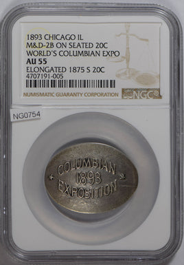 1893 Columbian exposition on 1875 S Seated 20C NGC AU55 elongated