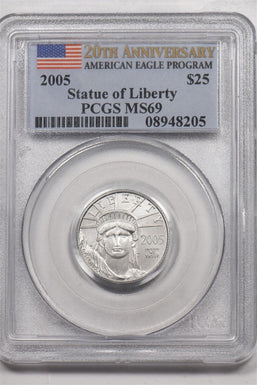 2005 Platinum 20th Ann. $25 1/4oz Eagle Statue of Liberty PCGS MS69 PC1556
