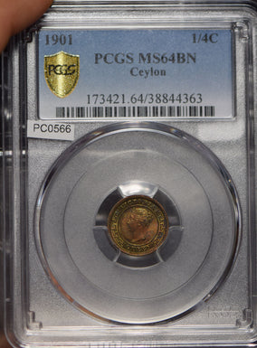 Ceylon 1901 1/4 Cent PCGS MS64BN incandescent green! PC0566 combine shipping