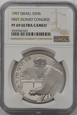Israel 1997 2 New Sheqalim silver NGC Proof 69UC First Zionist Congrss NG1498 co